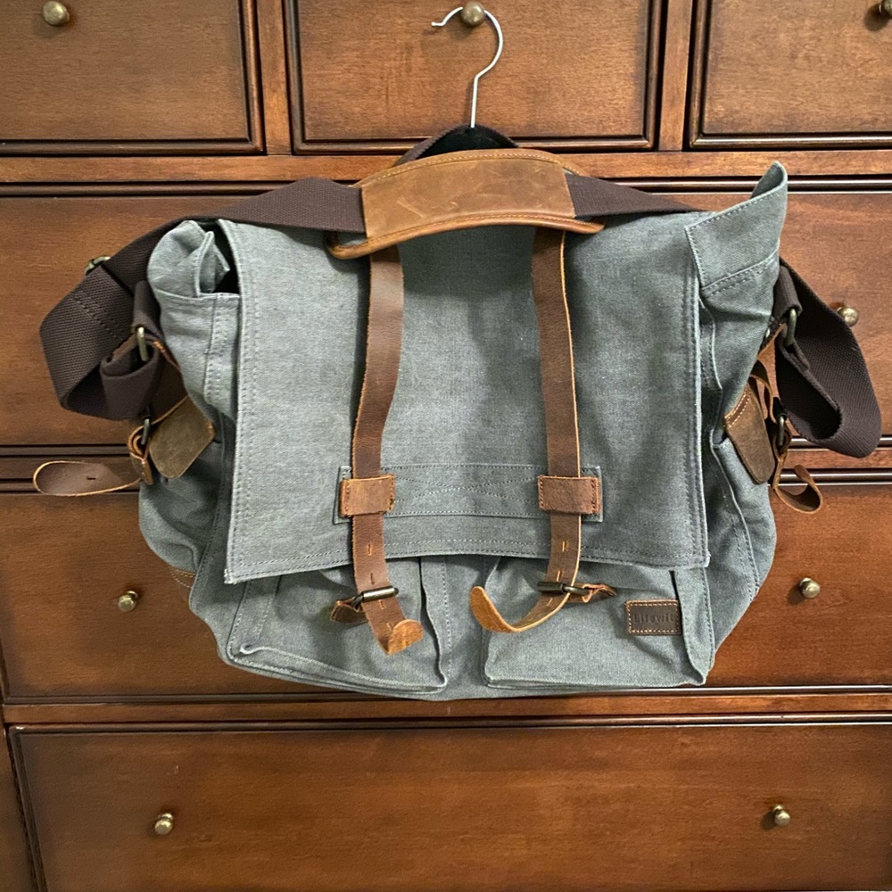 Canvas and leather messenger crossbody bag